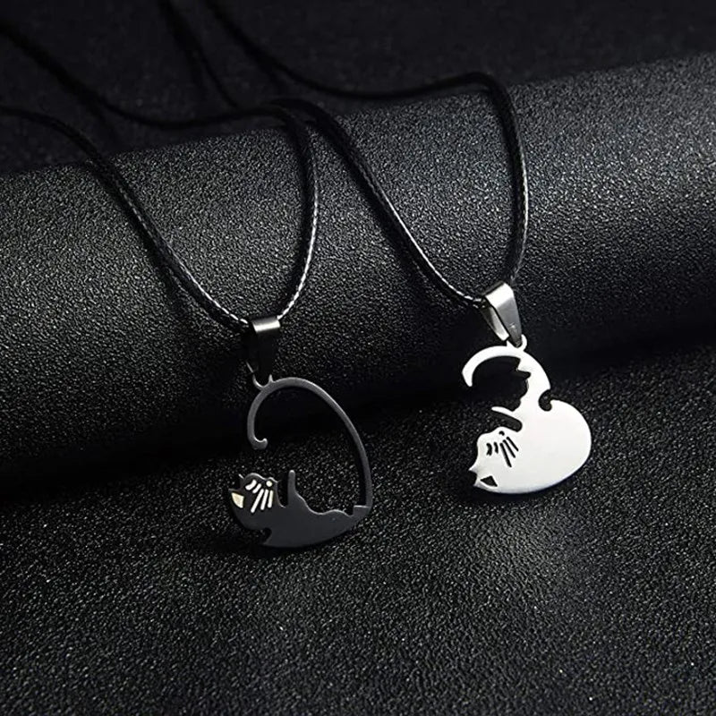 Couple Heart Necklace Cute Cartoon Cat