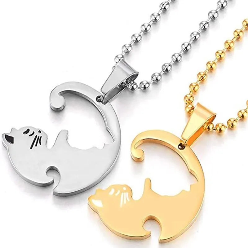 Couple Heart Necklace Cute Cartoon Cat