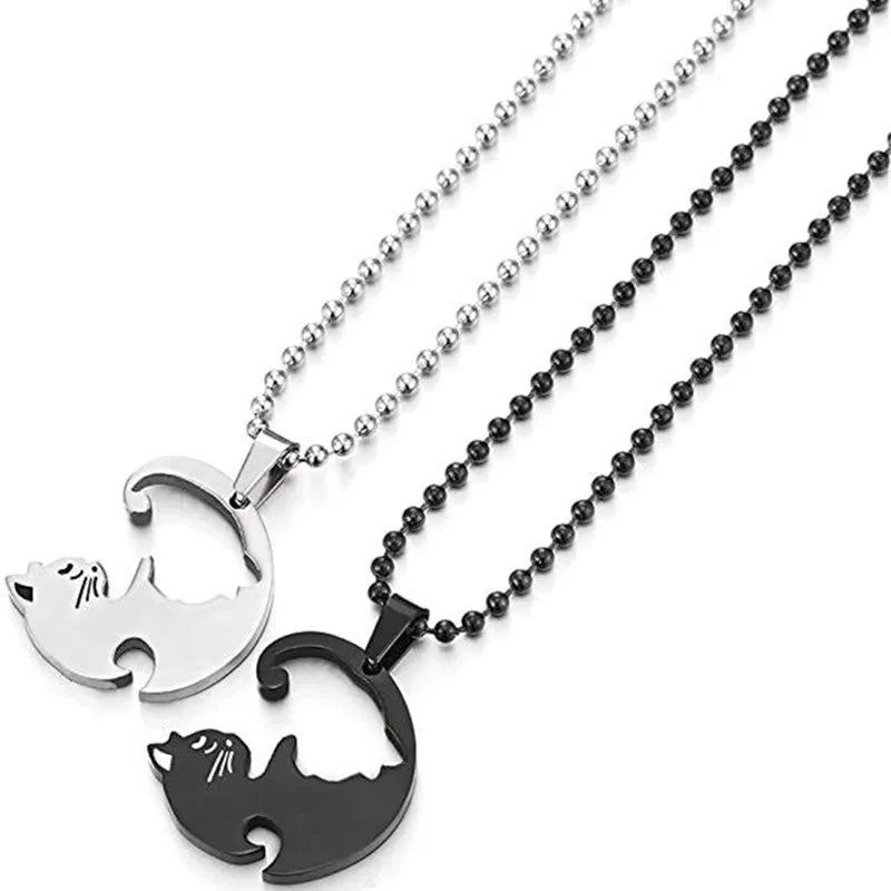 Couple Heart Necklace Cute Cartoon Cat