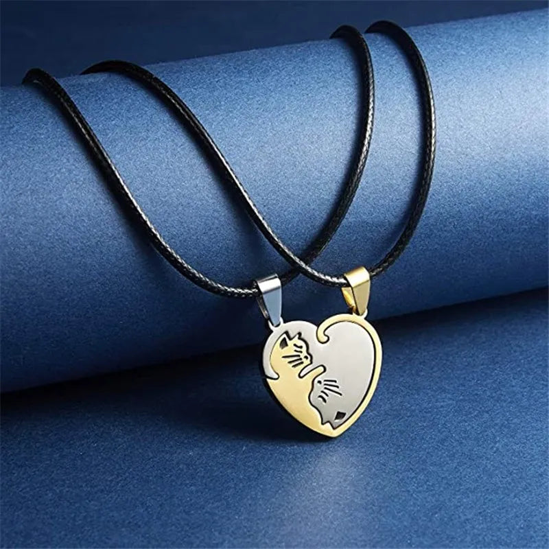 Couple Heart Necklace Cute Cartoon Cat