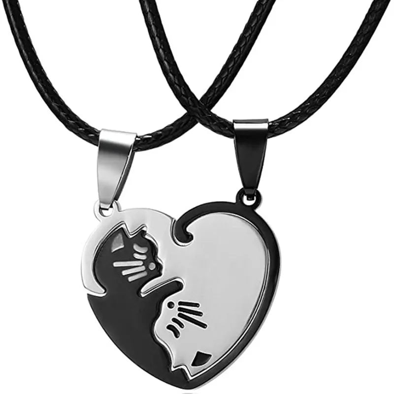 Couple Heart Necklace Cute Cartoon Cat