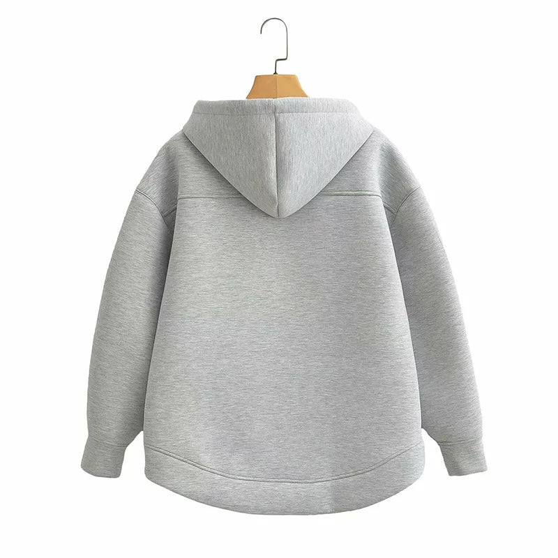 Women Gray Jacket with Hood Long Sleeve