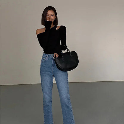 Fashion Skew Collar Off-shoulder Long-slee