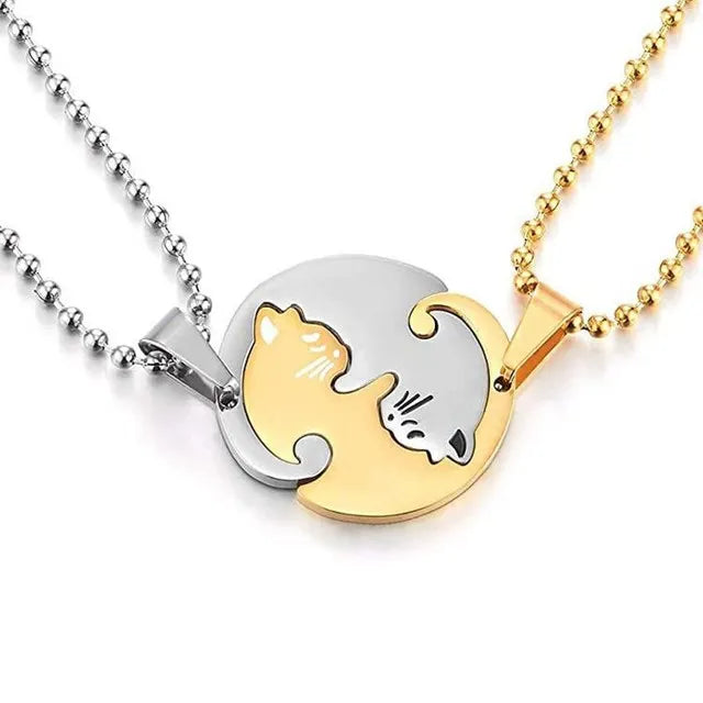 Couple Heart Necklace Cute Cartoon Cat