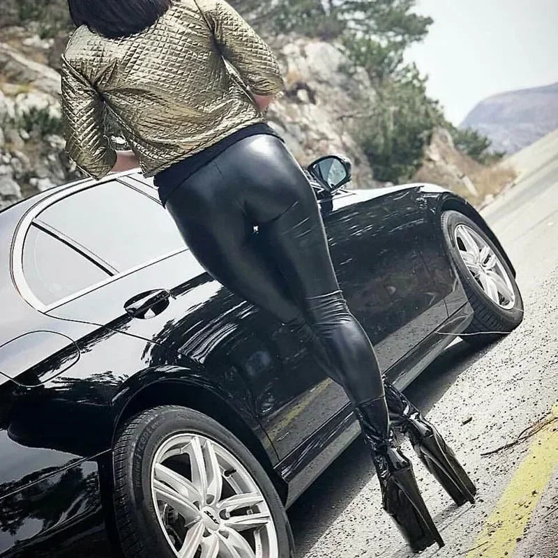 Sexy Black PU Leather Tights Women High Waist Pants