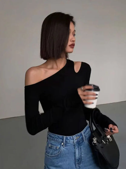 Fashion Skew Collar Off-shoulder Long-slee