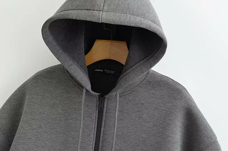 Women Gray Jacket with Hood Long Sleeve