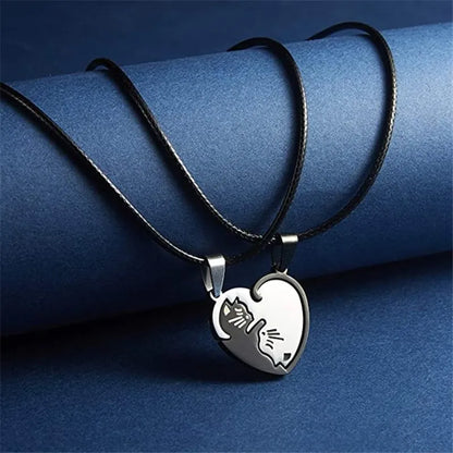 Couple Heart Necklace Cute Cartoon Cat