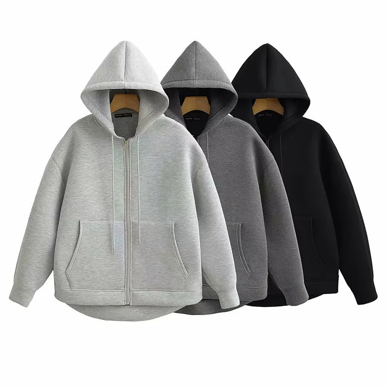 Women Gray Jacket with Hood Long Sleeve