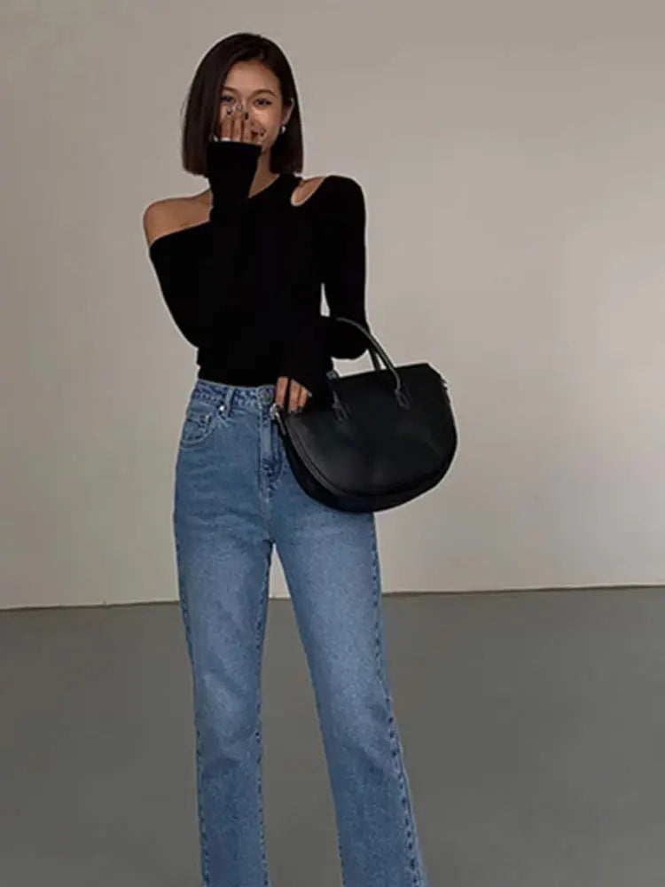 Fashion Skew Collar Off-shoulder Long-slee