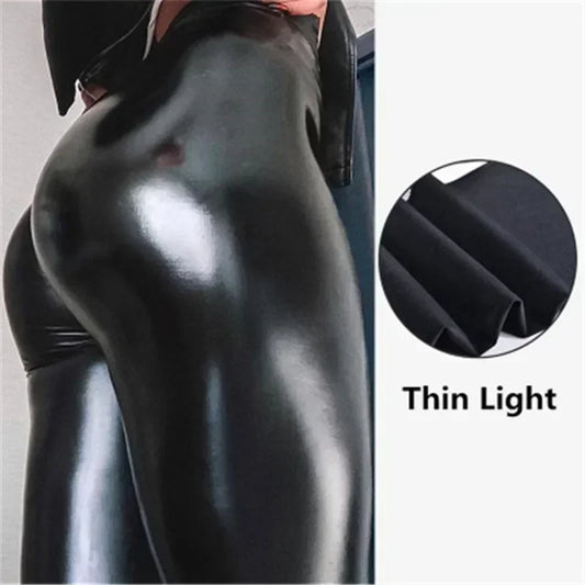 Sexy Black PU Leather Tights Women High Waist Pants