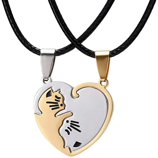 Couple Heart Necklace Cute Cartoon Cat