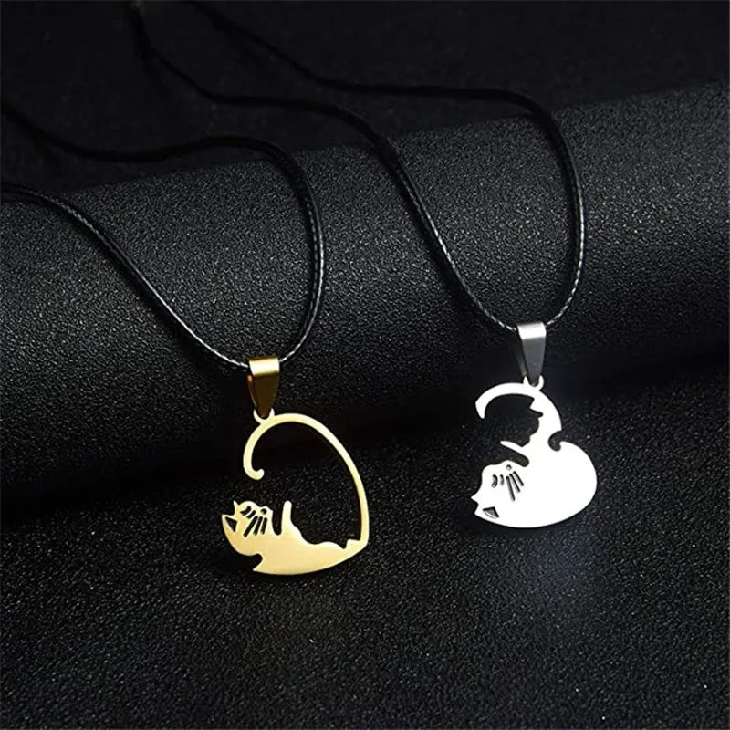 Couple Heart Necklace Cute Cartoon Cat