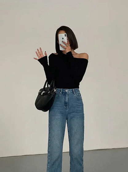 Fashion Skew Collar Off-shoulder Long-slee