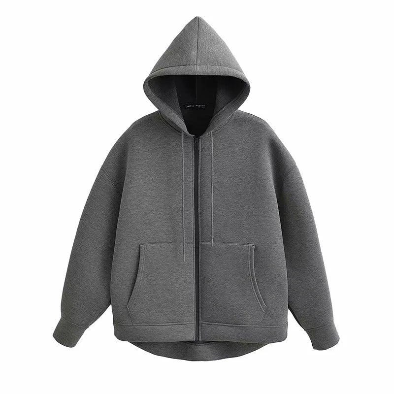 Women Gray Jacket with Hood Long Sleeve