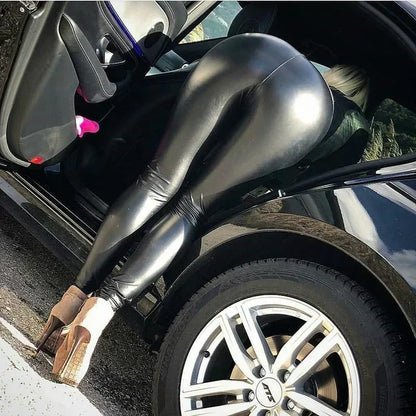 Sexy Black PU Leather Tights Women High Waist Pants