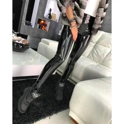Sexy Black PU Leather Tights Women High Waist Pants