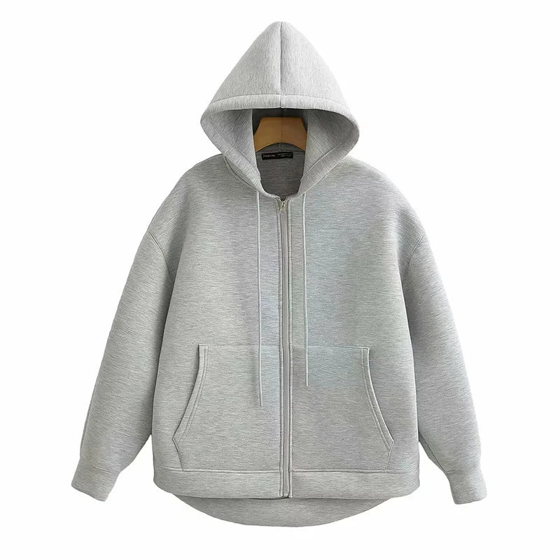 Women Gray Jacket with Hood Long Sleeve